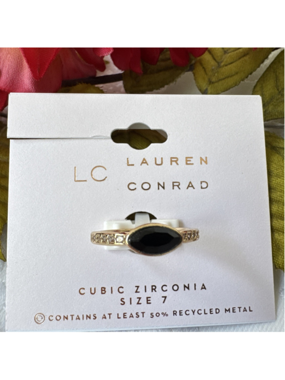 LC LAUREN CONRAD SIZE 7 Black Clear CZ Ring Goldtone Dainty Feminine NEW